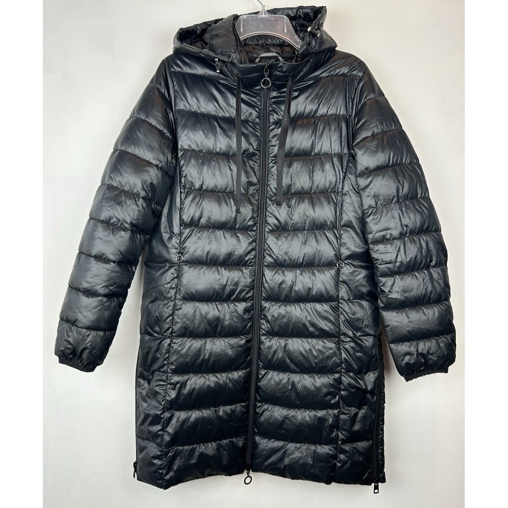 Recycled Polyester Puffer Coat Womens M Black Removable Hood Long Cozy Warm